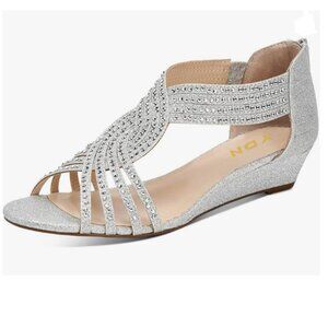 YDN Silver Wedge Glitter Open Toe Rhinestones Cross Over Straps Mid Heel Sandals